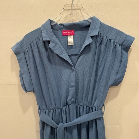 Mia Rose Blue Belted Tiered Midi Dress Belted Collared Button Front Medium - Picture 3 of 5